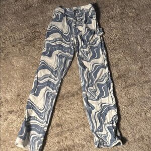 PacSun Boyfriend Carpenter Pants Women's 26 White Blue Swirl Print Mom High-Rise
